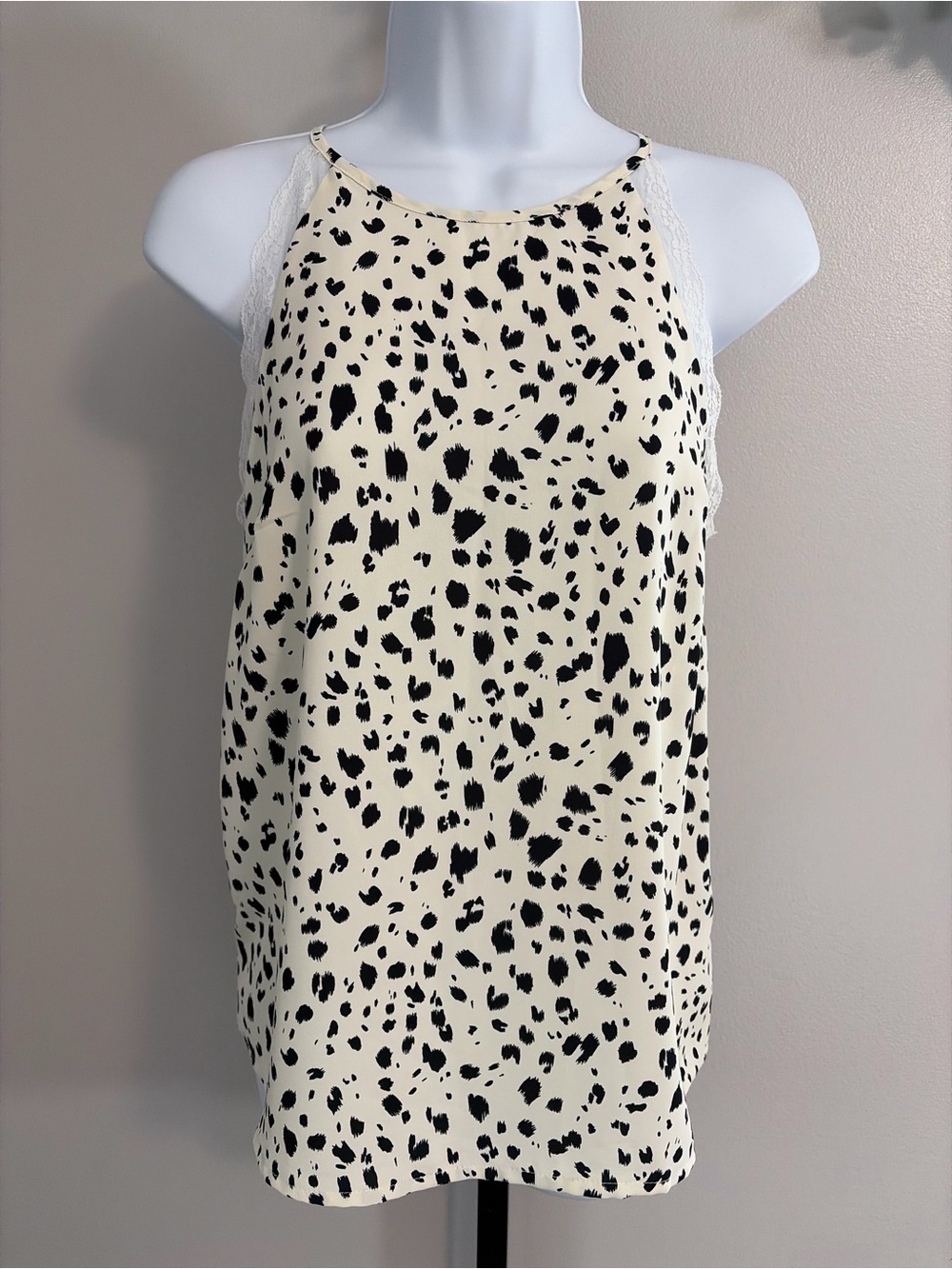 eesome Cream and Black Spot-Print Lace-Trim Halter Cami